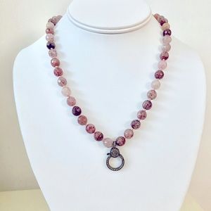 Strawberry Quartz Hand Knotted Necklace with a Pave Diamond Lobster Clasp!